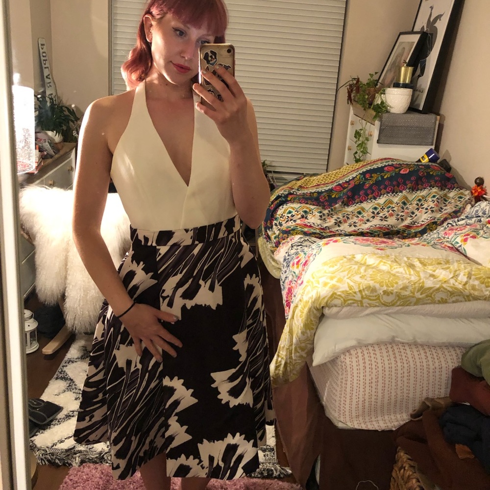 Halston Heritage black and white abstract halter dress (Marilyn Monroe vibe)